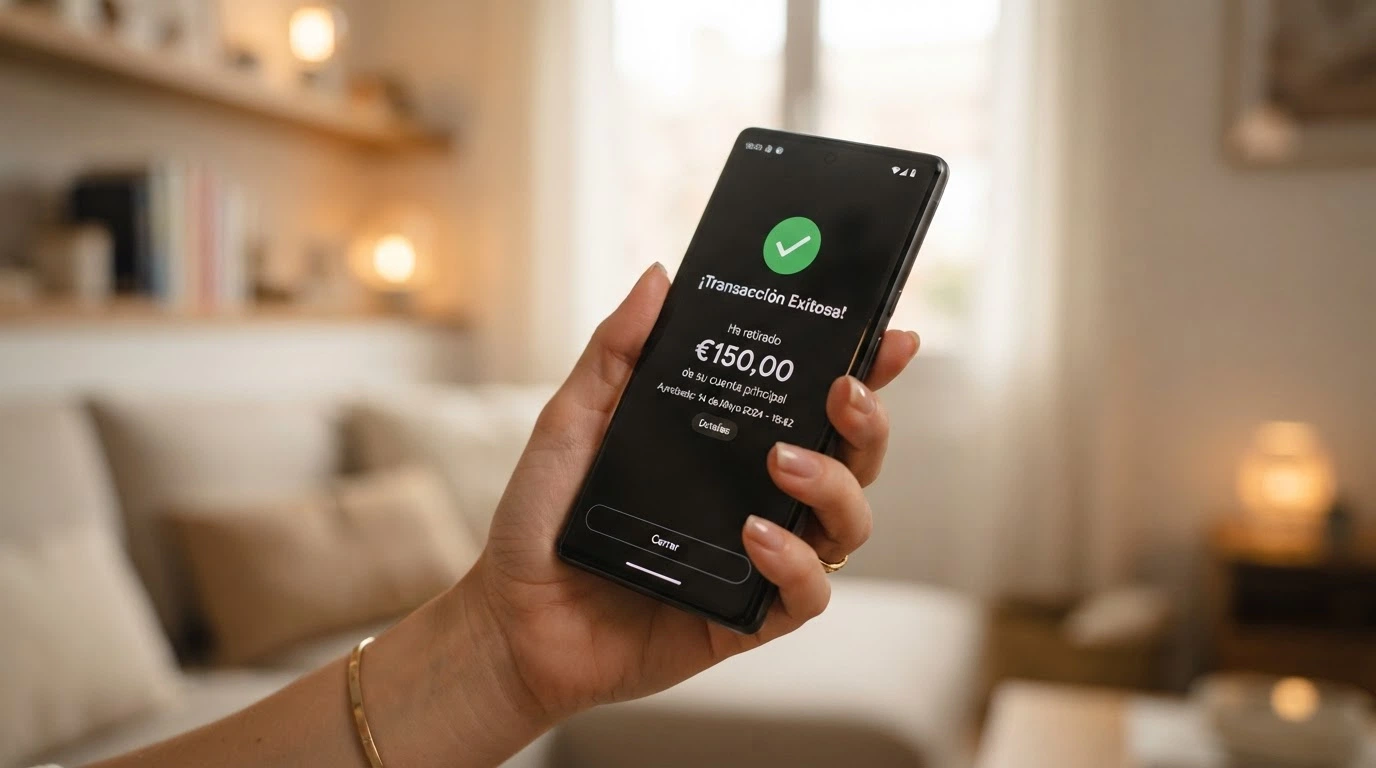 Un primer plano de unas manos sosteniendo un móvil con la pantalla de retirada de ganancias de un casino, con una expresión de satisfacción contenida
