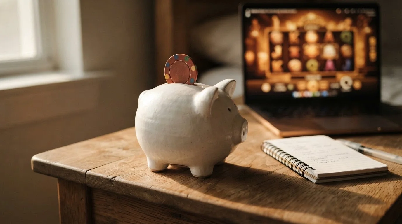 Una hucha con una moneda de 1 € entrando y una pantalla de casino de fondo sutilmente desenfocada, con un calendario y un escudo de la DGOJ visibles en segundo plano