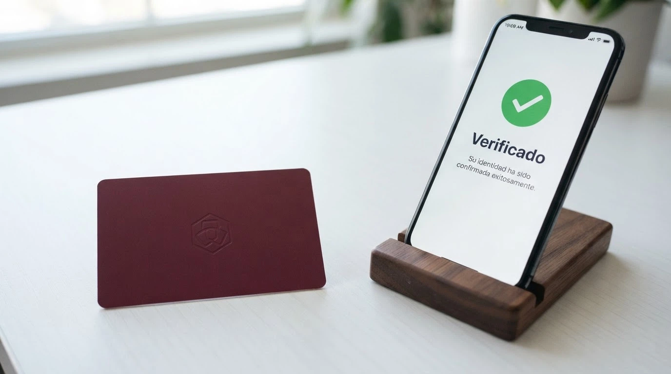 Un documento de identidad junto a un teléfono móvil mostrando la pantalla de verificación de cuenta de un casino online español
