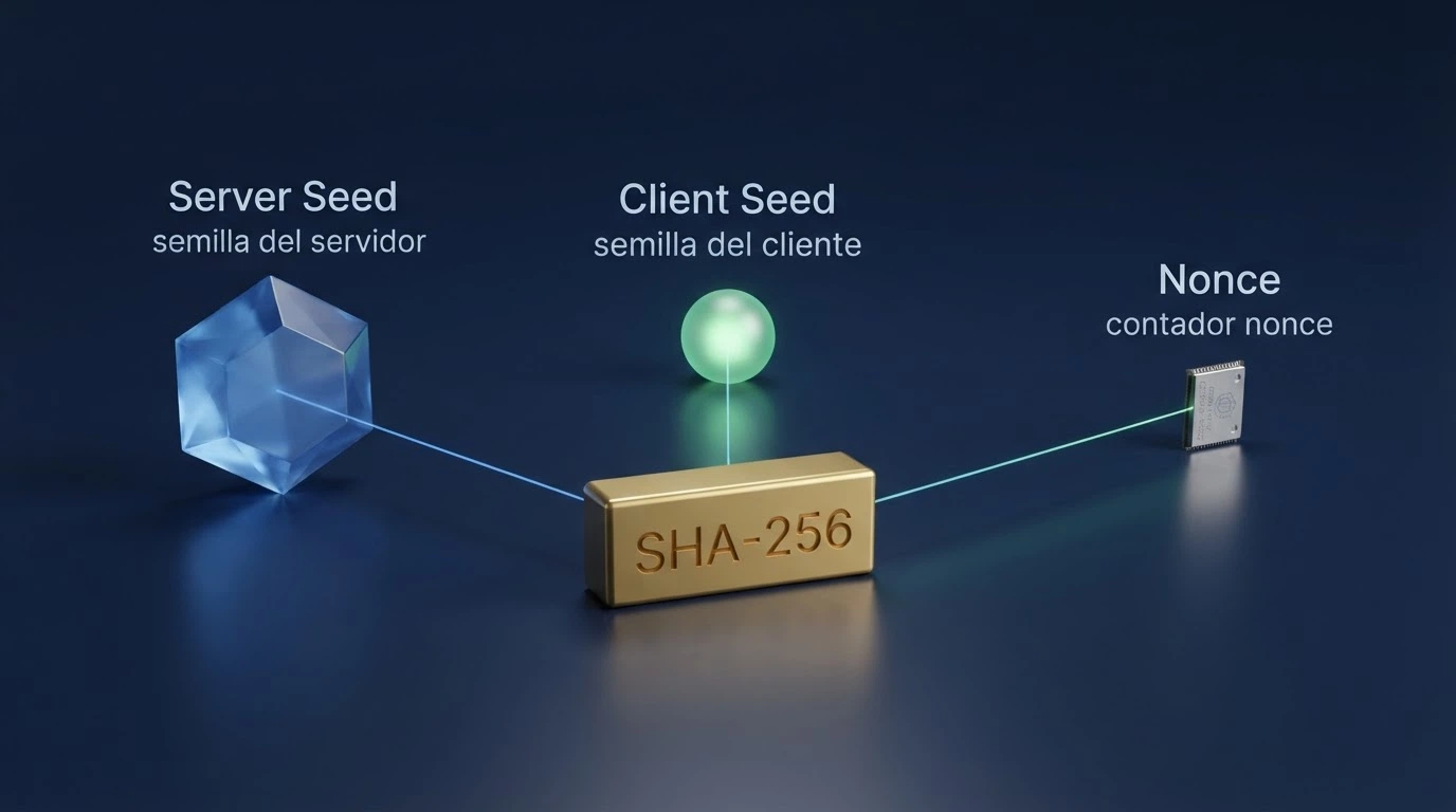 Representación visual del proceso de verificación criptográfica SHA-256: semilla del servidor, semilla del cliente y hash combinado