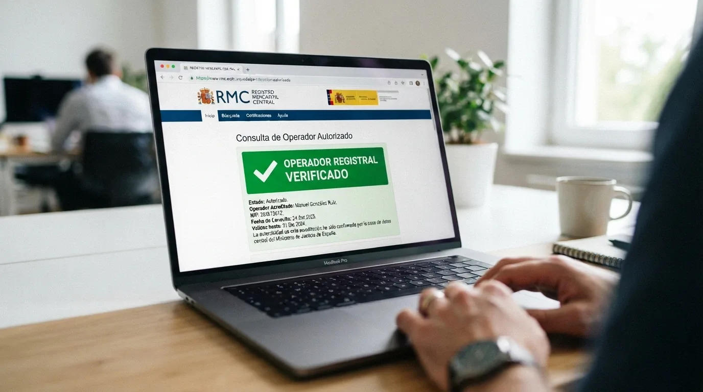 Primer plano de una pantalla mostrando la página de consulta del registro de la DGOJ con el resultado de un operador autorizado, el dominio .es visible en la barra del navegador
