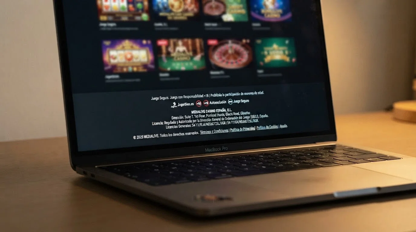 Primer plano de la sección de pie de página de un casino online donde se lee el nombre del titular, la dirección en Gibraltar y el enlace a la Gambling Division