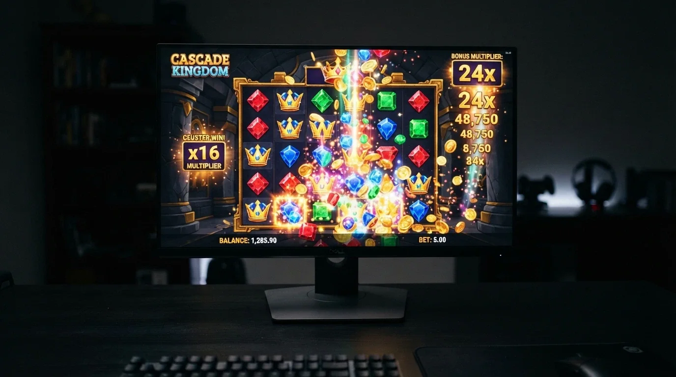 Slot moderna en pantalla completa con efectos visuales 3D y una ronda de bonus activa mostrando multiplicadores en cascada